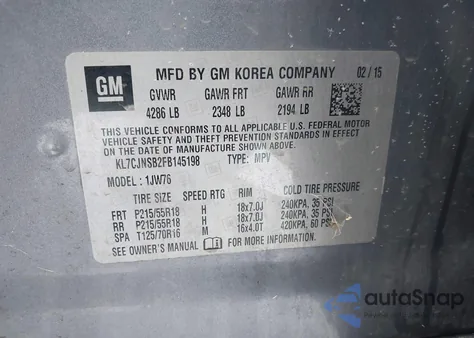 2015 Chevrolet Trax Ltz z USA, uszkodzony, nr VIN KL7CJNSB2FB145198